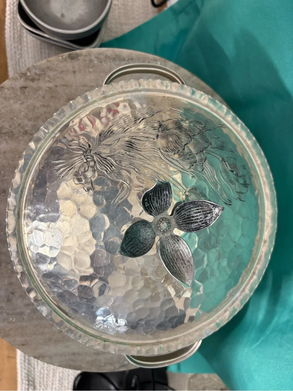 Hand-Hammered Silver Metal Serving Bowl and Decorative Tray - Silver